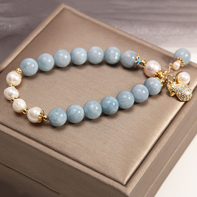 Mother's Day Gift Choice Aquamarine Jade Freshwater Cultured Pearl Bracelet with Sterling Silver Clasp