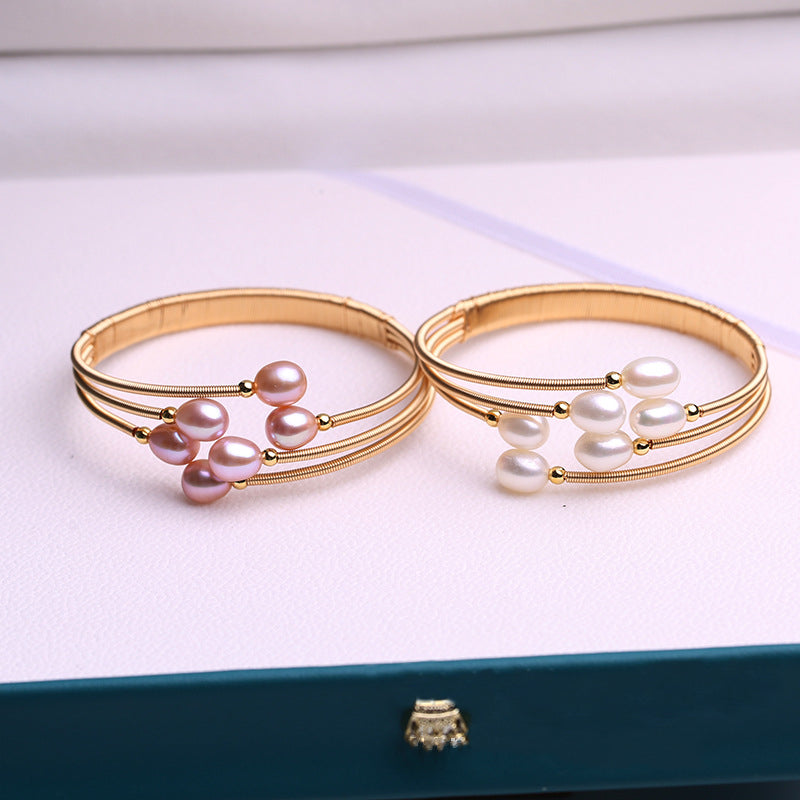 Cultured Freshwater Pearl Bangle Bracelet in 14k Gold Over Sterling Silver 7