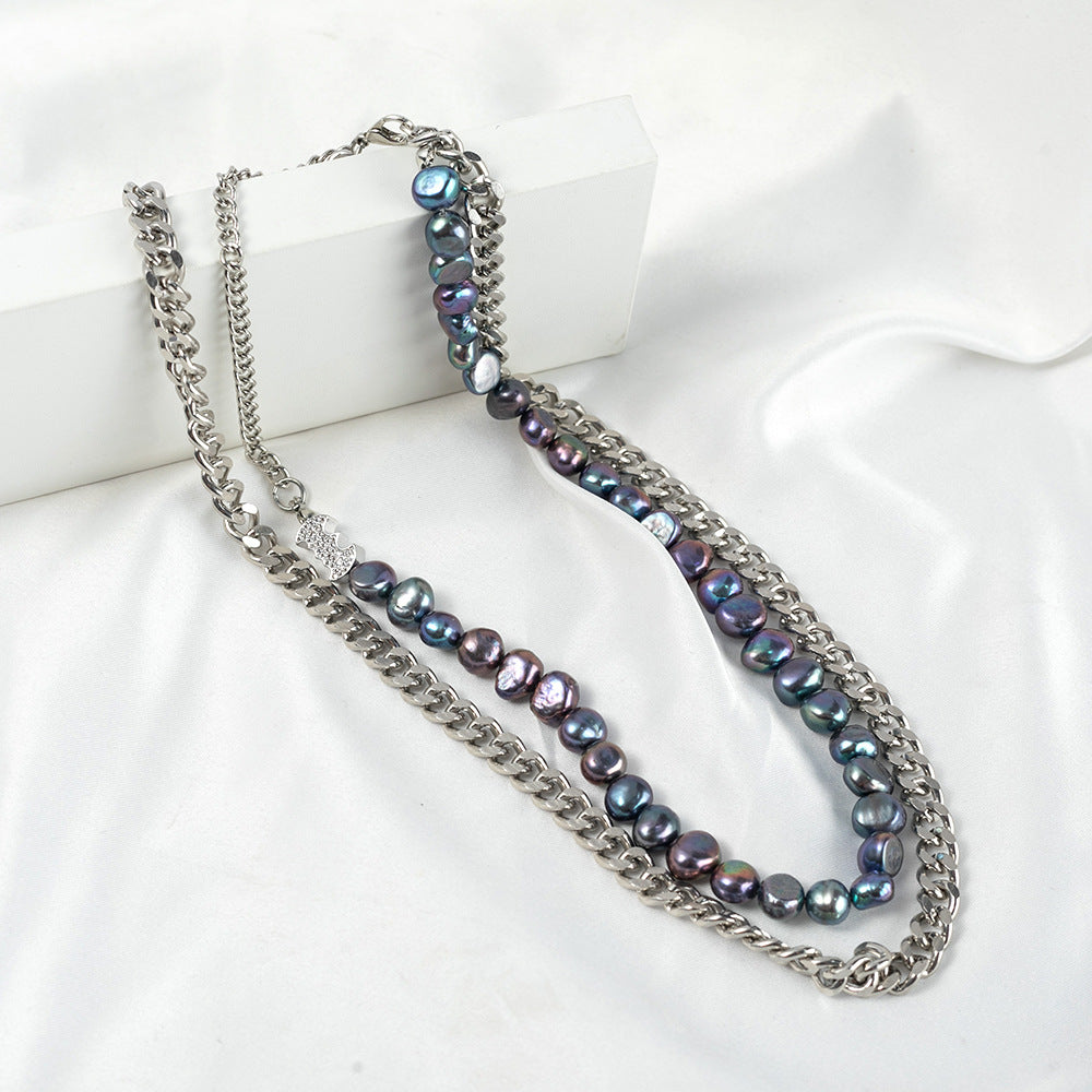 Mens Silver Cuban Link Chain | Black Baroque Pearl Cuban Link Necklace in Stainless Steel (8 mm)