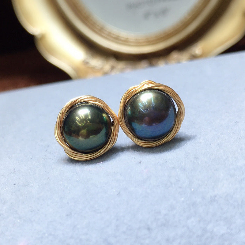 Black Freshwater Cultured Pearl Stud Earrings in 14K Gold Over Sterling Silver