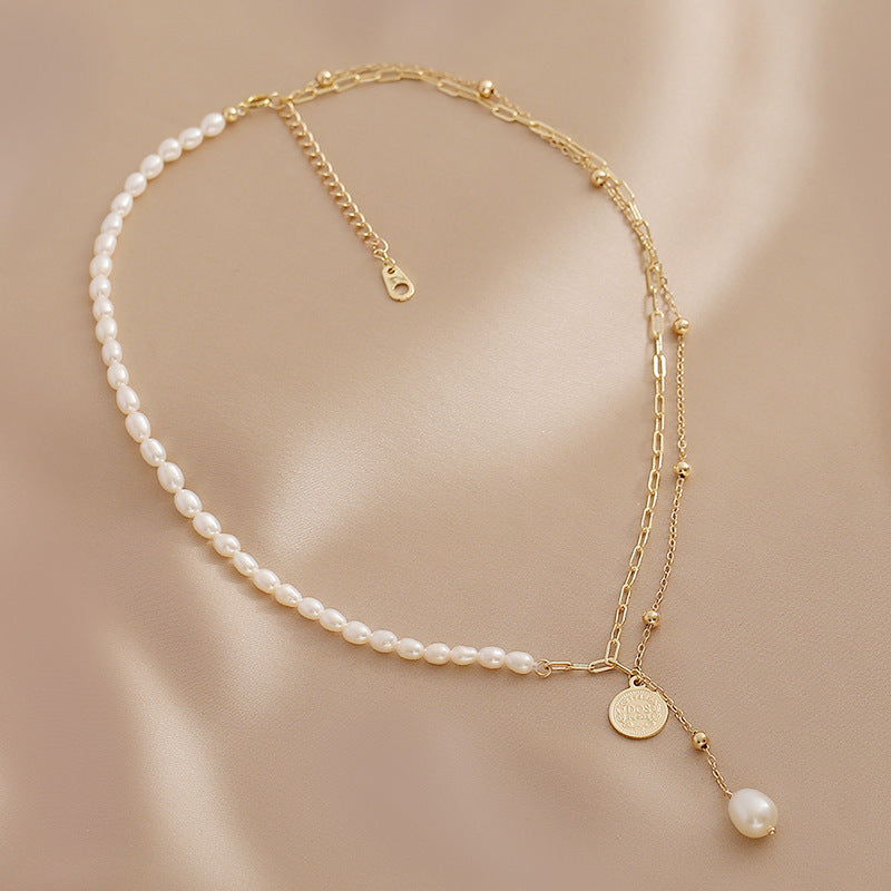 Designed Cultured Freshwater Pearl Pendant Double Strand Necklace with 18K Gold Over Sterling Silver