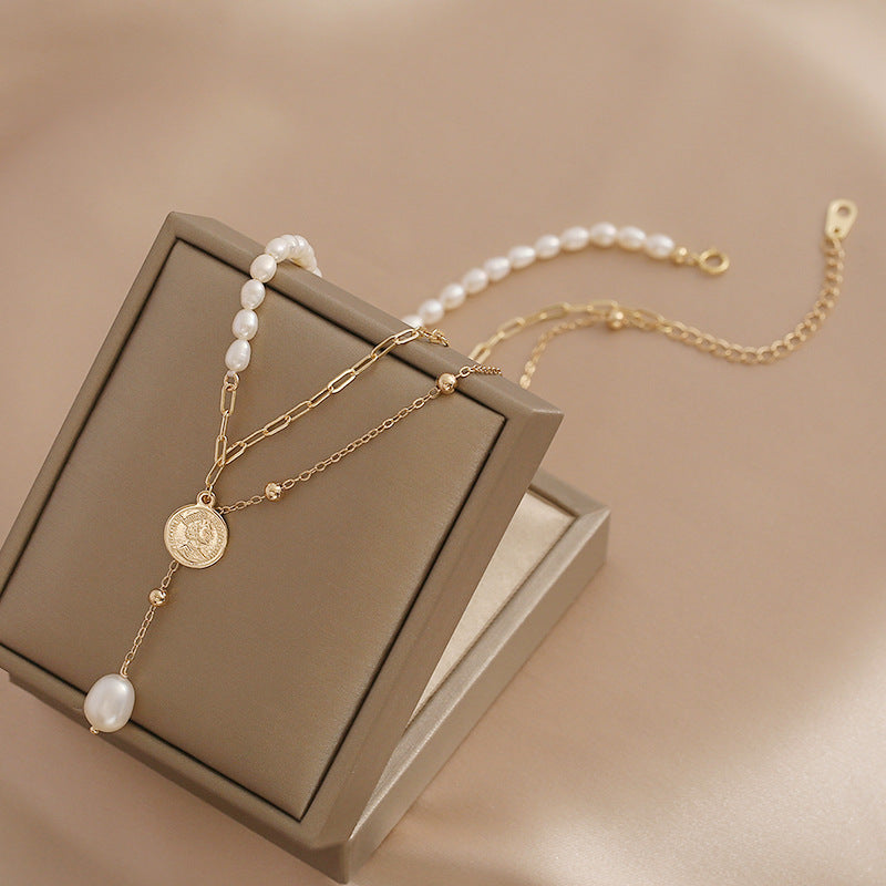 Designed Cultured Freshwater Pearl Pendant Double Strand Necklace with 18K Gold Over Sterling Silver