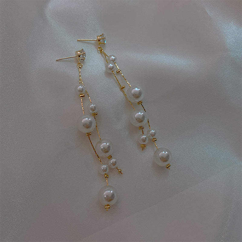 Long Pearl Dangle Earrings Diamond Stud with Pearl Tassel Drop Earrings with Silver Pin