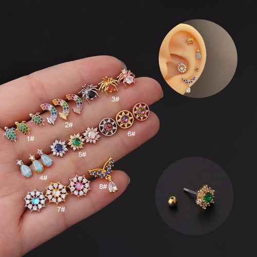 20G Crystal Cartilage Ear Studs Titanium Internally Threaded Double Gem Single Cartilage Earrings with Silver Pin