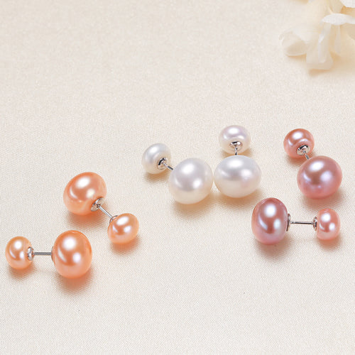 Freshwater AAA 2-Pearl Design Cultured Real Pearl Stud Earrings in Sterling Silver（7-10mm）Huge Tomato