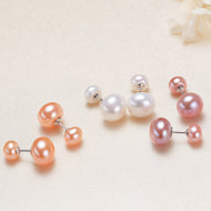 Freshwater AAA 2-Pearl Design Cultured Real Pearl Stud Earrings in Sterling Silver(7-10mm)Huge Tomato