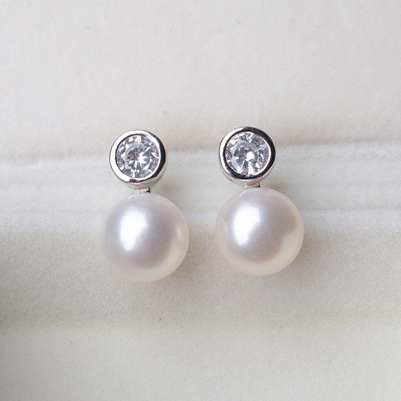 AAA Pearl Diamond Earrings | Real Pearl Drop Earrings in 14K Gold and Silver Clasps (8-9mm)