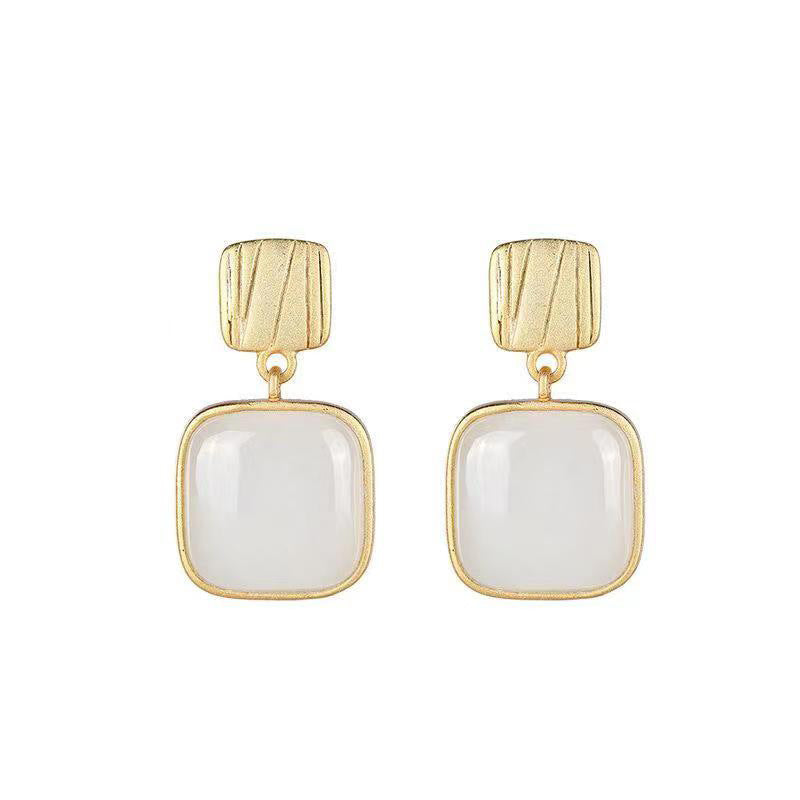 Moonstone Earrings with Silver Pin | Square Gold Gemstone Drop Earrings | 4 Color Available