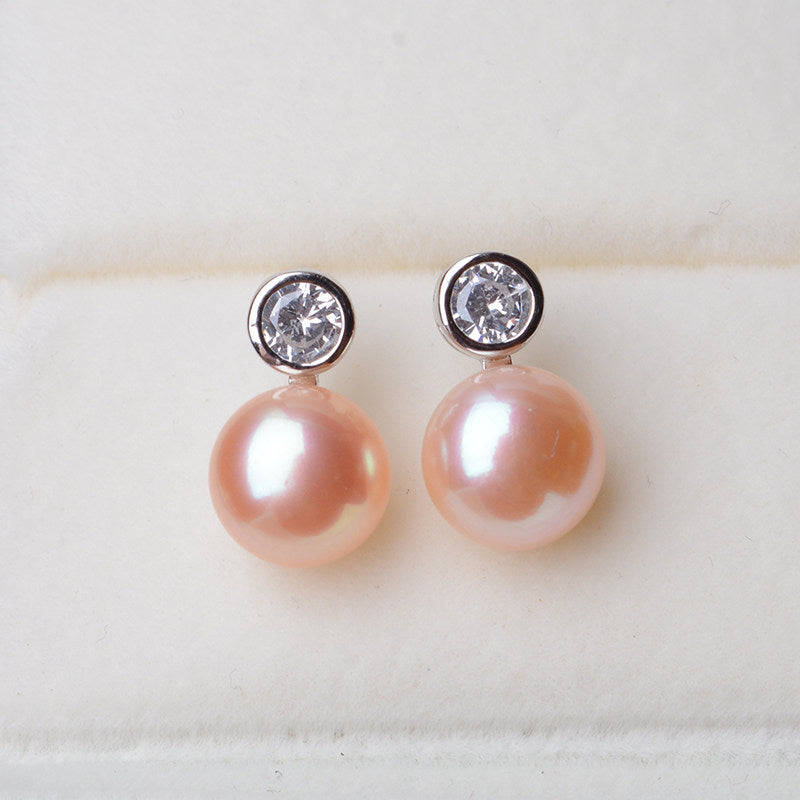 AAA Pearl Diamond Earrings | Real Pearl Drop Earrings in 14K Gold and Silver Clasps (8-9mm)