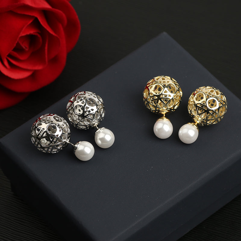 Gold and Silver 2 Sided Stud Earrings Hollow Sphere Pearl Earrings for Women in 14K Gold Over Sterling Silver