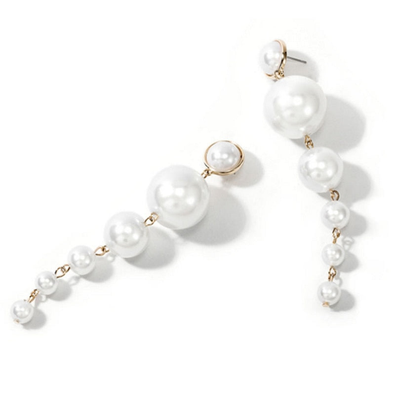 White Round Long Pearl Drop Earrings Big Pearl Dangle Earrings for Women in S925 Silver Pin