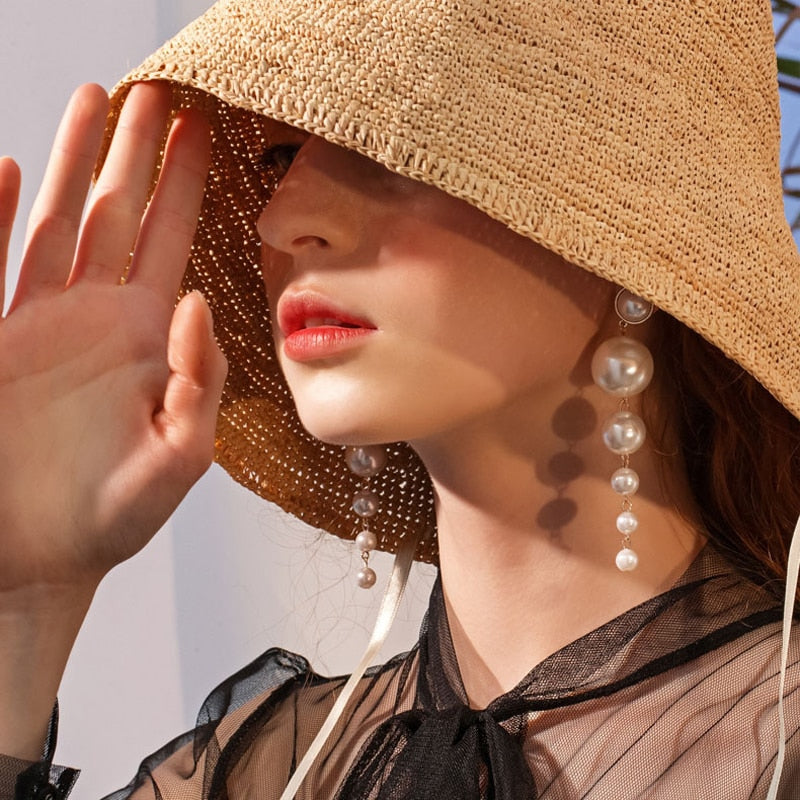 White Round Long Pearl Drop Earrings Big Pearl Dangle Earrings for Women in S925 Silver Pin