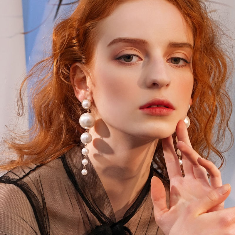 White Round Long Pearl Drop Earrings Big Pearl Dangle Earrings for Women in S925 Silver Pin