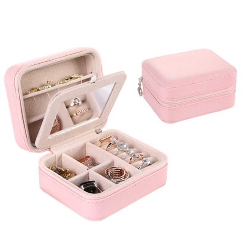 Double-layer Women's Mini stud earrings rings Jewelry Box Useful Makeup Organizer With Zipper Travel Portable Jewelry PU Box