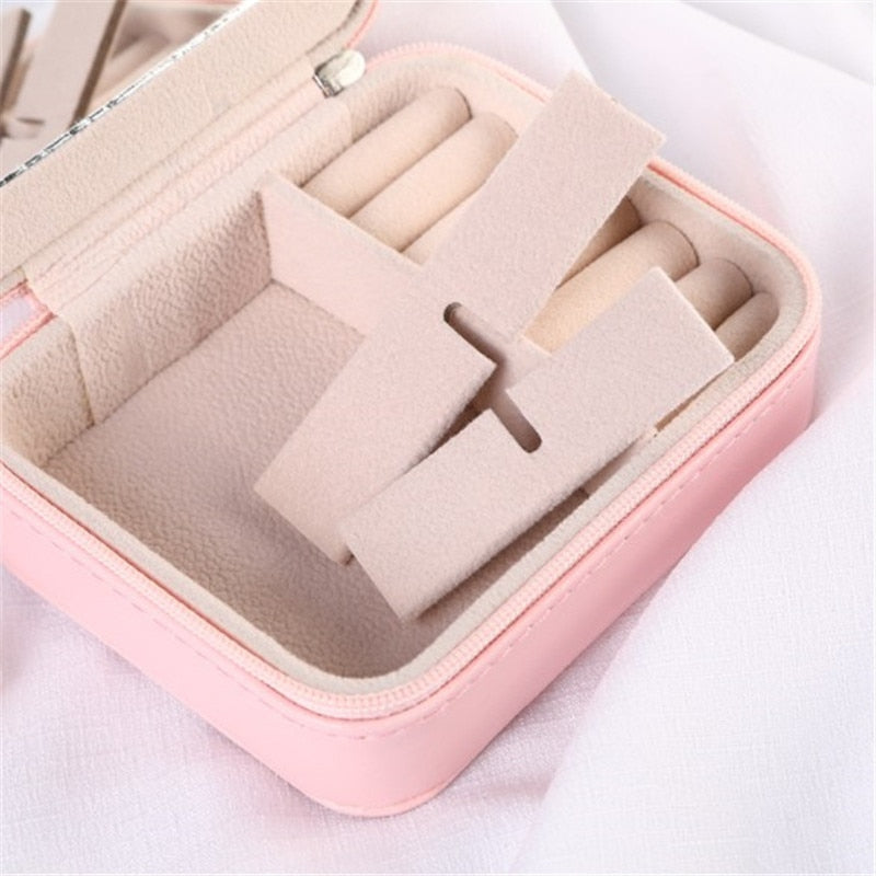 Double-layer Women's Mini stud earrings rings Jewelry Box Useful Makeup Organizer With Zipper Travel Portable Jewelry PU Box