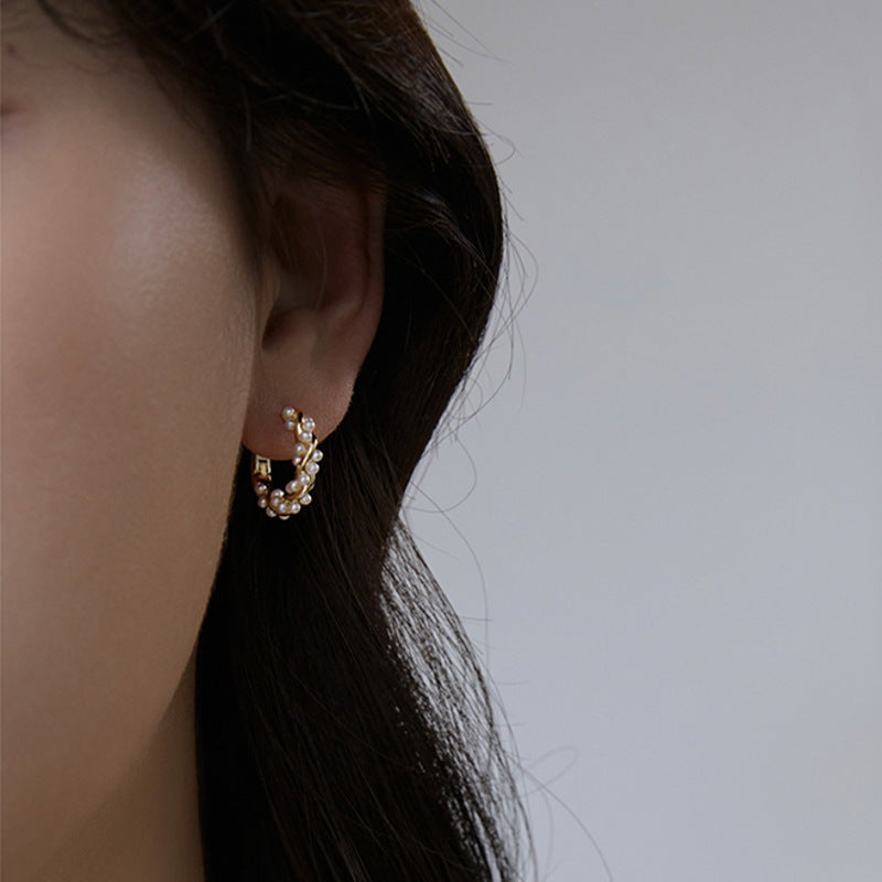 Pendientes de aro de perlas retorcidas | Pendientes de aro de perlas con alfileres de plata de ley para mujer