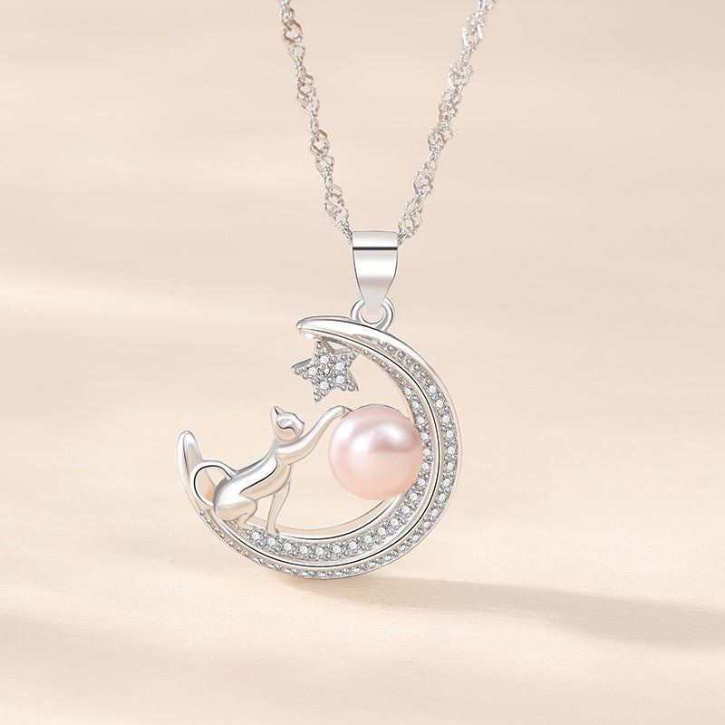 Sterling Silver Moon Pendant | Cat Pendant Necklace | Moon and Star Pendant with Freshwater Pearl (7mm)