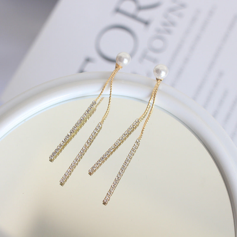 Pendientes colgantes dobles de perlas | Pendientes de diamantes de oro o plata | Pendientes colgantes para boda