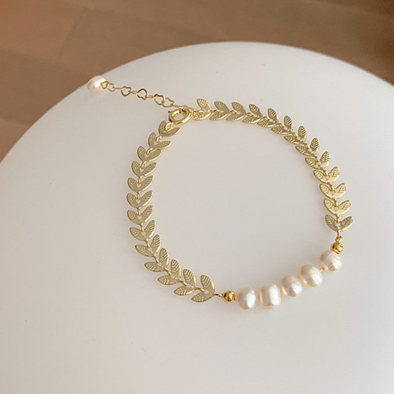 Real Pearl Bracelet Gold Wheat Ear | Freshwater Pearl Bracelet | Designed Pearl Bracelet for Women