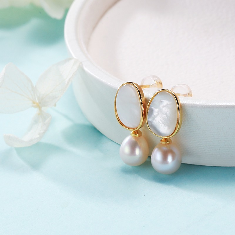 Mother of Pearl Freshwater Pearl Earrings in 14K Gold Over Sterling Silver Pin Vintage Style