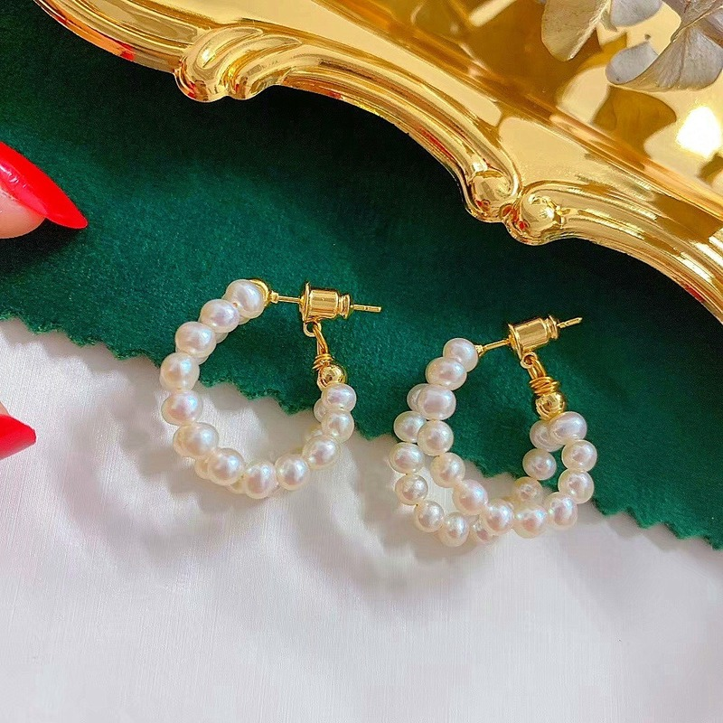 Handmade Double Hoop Pearl Earrings AAA Freshwater Cultured Pearl Hoop Earrings in 14K Gold Over Sterling Silver(4-5mm)