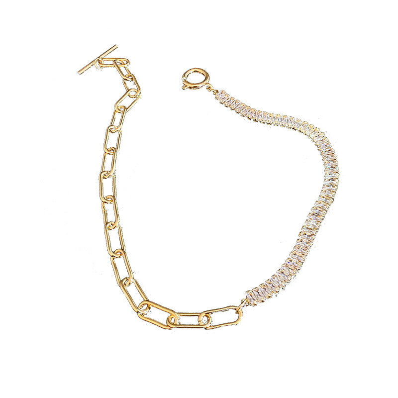 Half Crystal Half Chain Necklace | Gold Choker | Gold Chain for Women