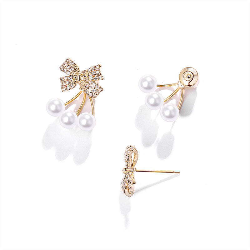 Elegant Bowknot Earring Jacket For Girls Three Pearl Drop Earrings with 14K Gold Over Sterling Silver Pin