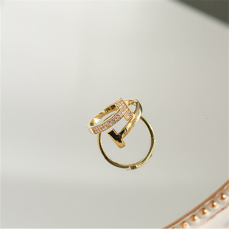 T Shape Adjustable Rings | Open Diamond Ring | Gold Diamond Ring in 14K Gold Plated