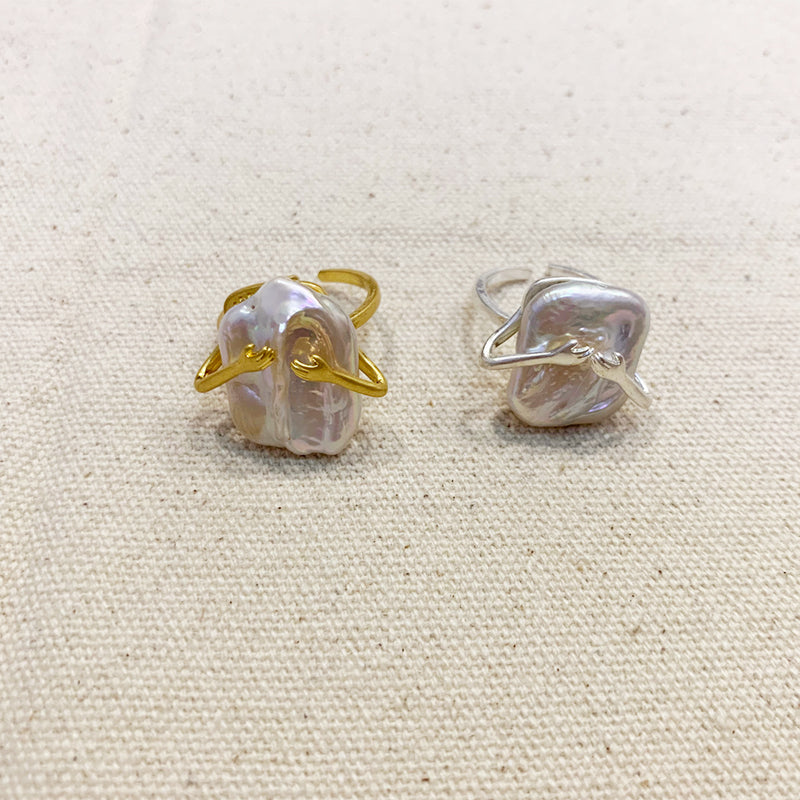Bague ouverte en argent plaqué or avec perle baroque véritable de grande taille AAA, taille réglable