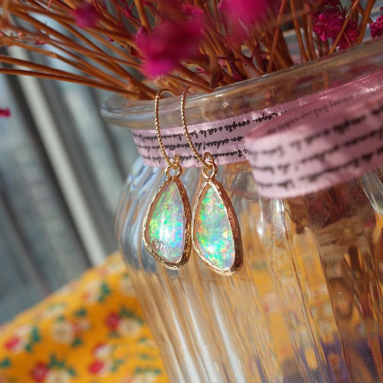 Painted Vintage Earring Gold Green Sapphire Created Opal-HugeTomato-HugeTomato