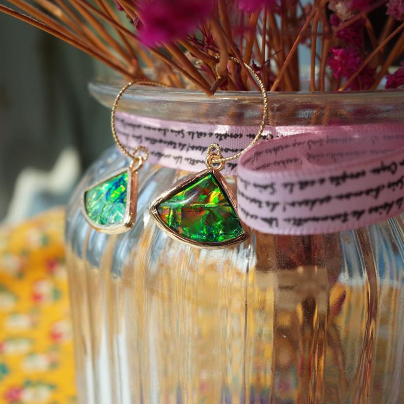 Painted Vintage Earring Gold Green Sapphire Created Opal-HugeTomato-HugeTomato