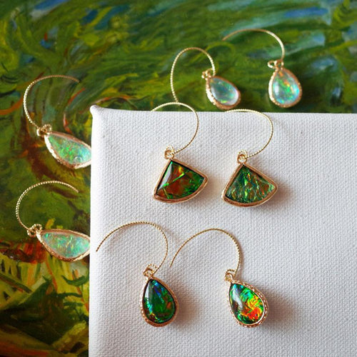 Painted Vintage Earring Gold Green Sapphire Created Opal