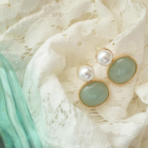 Handmade Vintage Jade Opal Pearl Cuff Stud Earring Clip-HugeTomato-HugeTomato