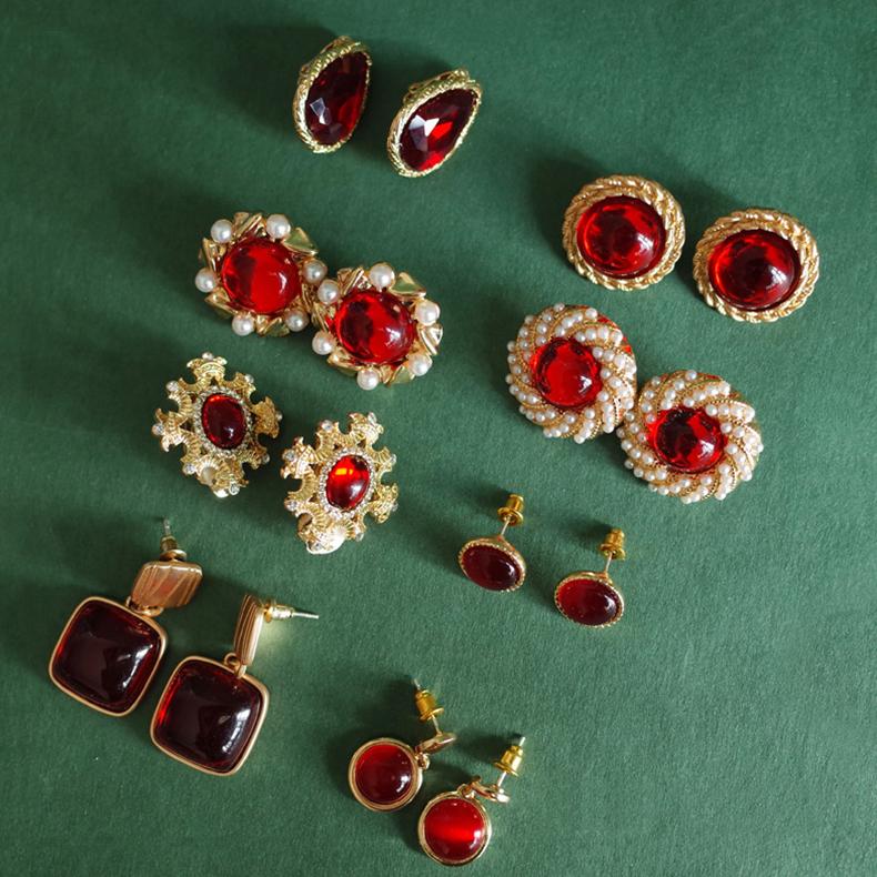 Christmas Earrings Royal Red and Pearl Earring Studs and Earring Clips