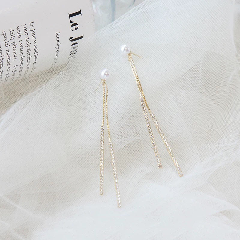 Pendientes colgantes dobles de perlas | Pendientes de diamantes de oro o plata | Pendientes colgantes para boda