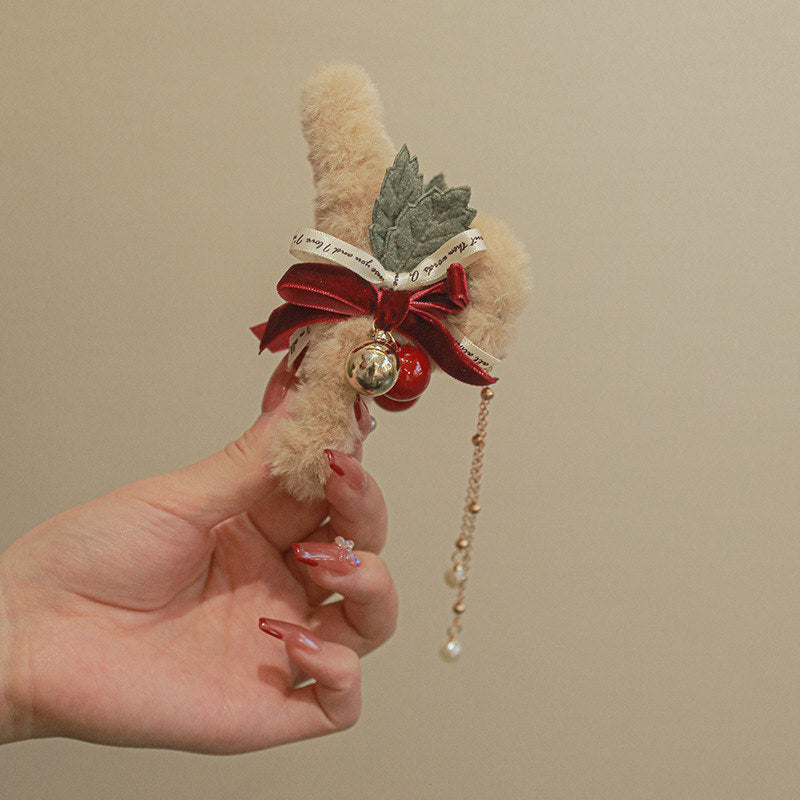 Elegant Christmas Hair Clip Furry Christmas Claw | Hair Claw Clips with Pearl Dangling