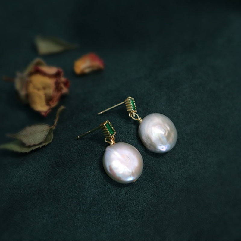 Flat Baroque Pearl Earrings | Real Baroque Pearl Drop Earrings with Sterling Silver Pins (10-11 mm)