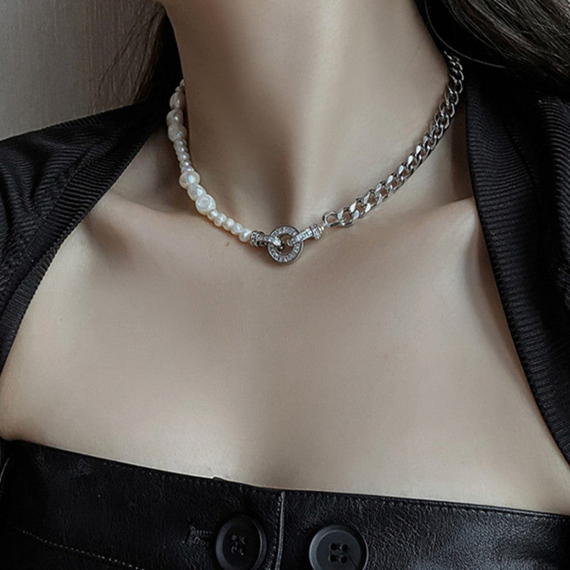 Half Pearl Half Chain Necklace | Silver Necklaces Chain  | Cuban link with Round Clasp Design