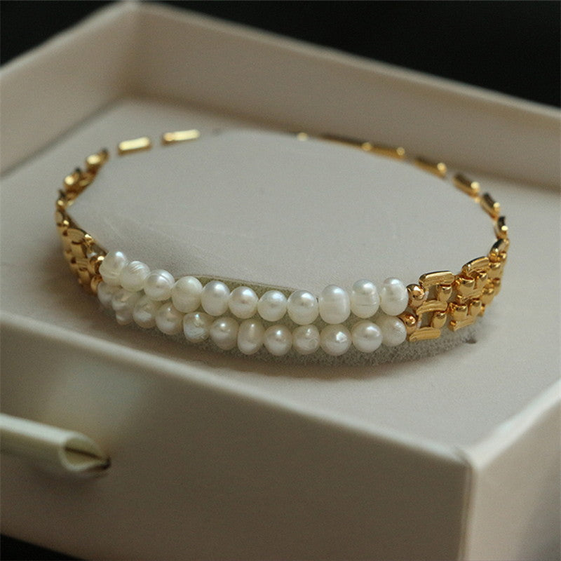 Watchband Freshwater Pearl Bracelet | Real Pearl 18K Gold Plated Bracelet for Women