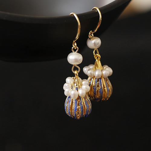 Freshwater Cultured Pearl Enamel Colored Drop Earrings in 14K Gold Over Sterling Silver（3-4mm）