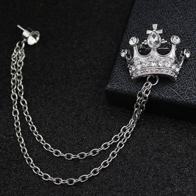 Gold and Silver Crown Brooch Chain for Men Retro Style Collar Brooch Pin