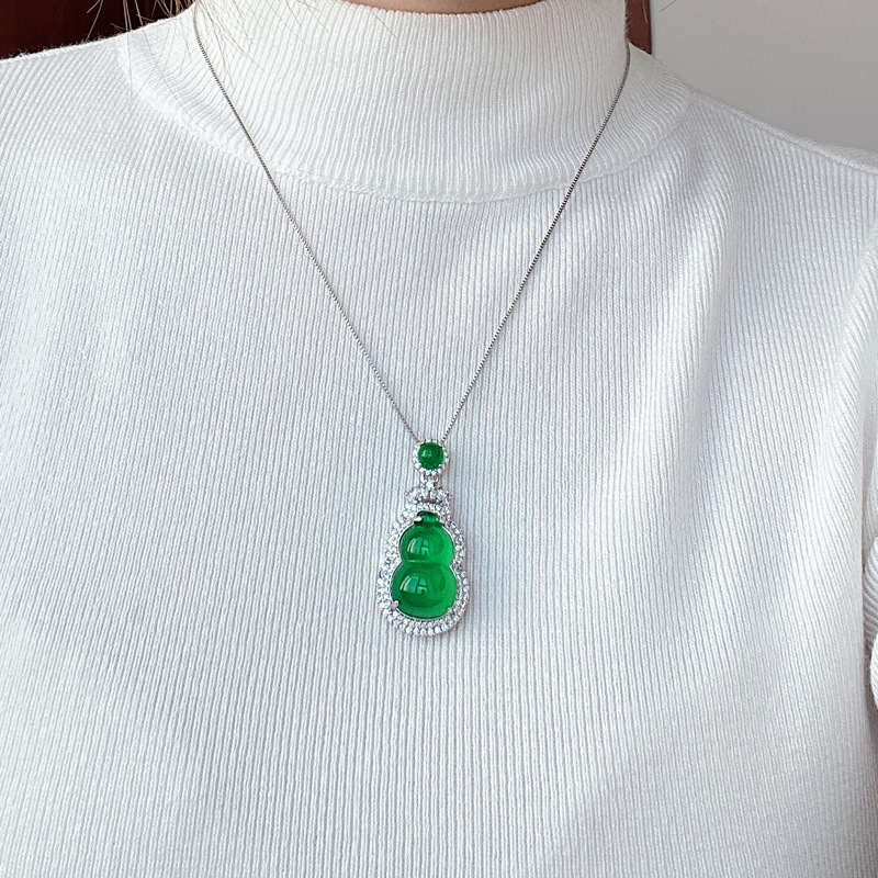 Green Gourd Jade Necklace | Jade Surrounded by Crystal Pendant Necklace | Silver Chain with Circle Nephrite