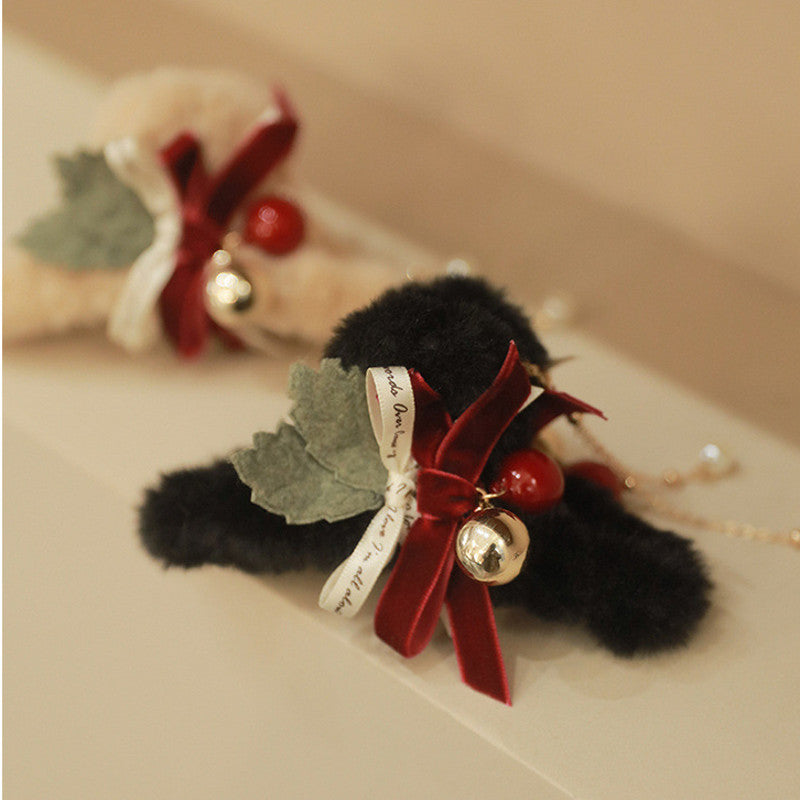 Elegant Christmas Hair Clip Furry Christmas Claw | Hair Claw Clips with Pearl Dangling