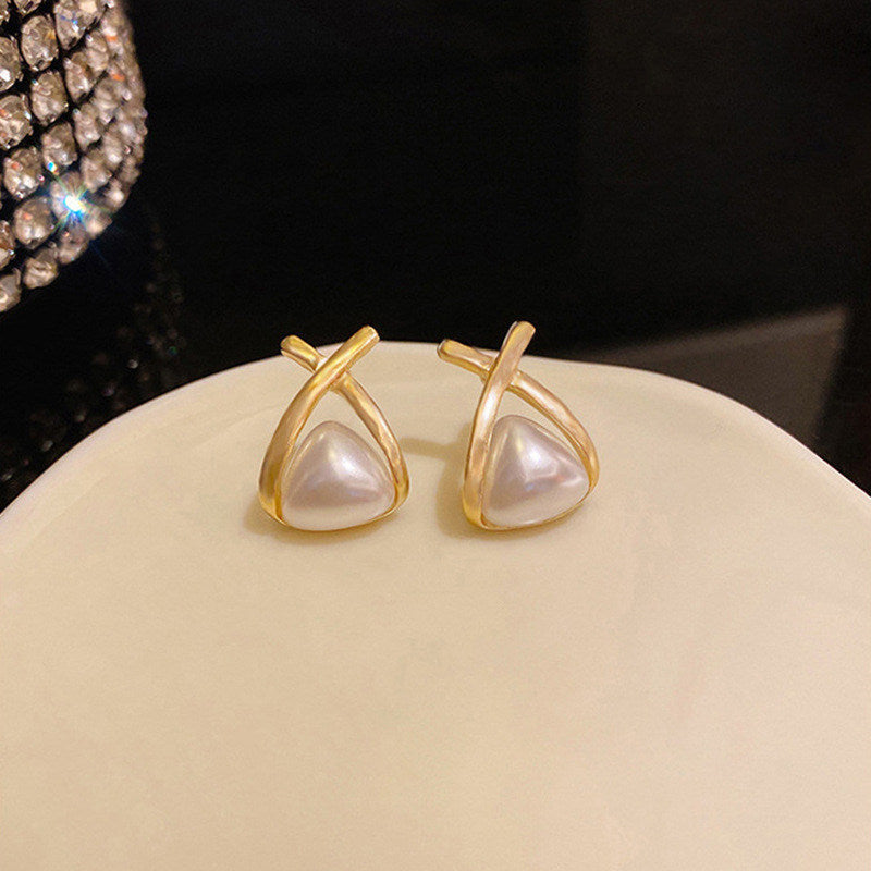 Triangle Pearl Earrings | X Shaped Shell Pearl Moonstone Earrings with Sterling Silver Pins