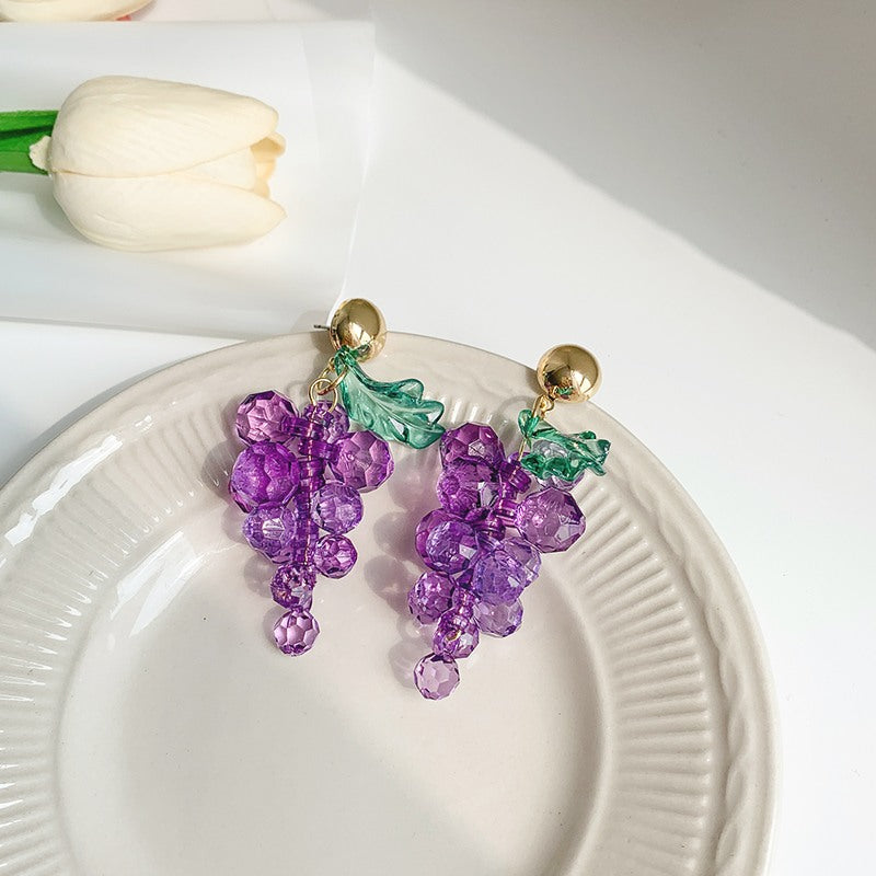 Pendientes colgantes de uva con clip de cristal morado y pasador plateado para niñas
