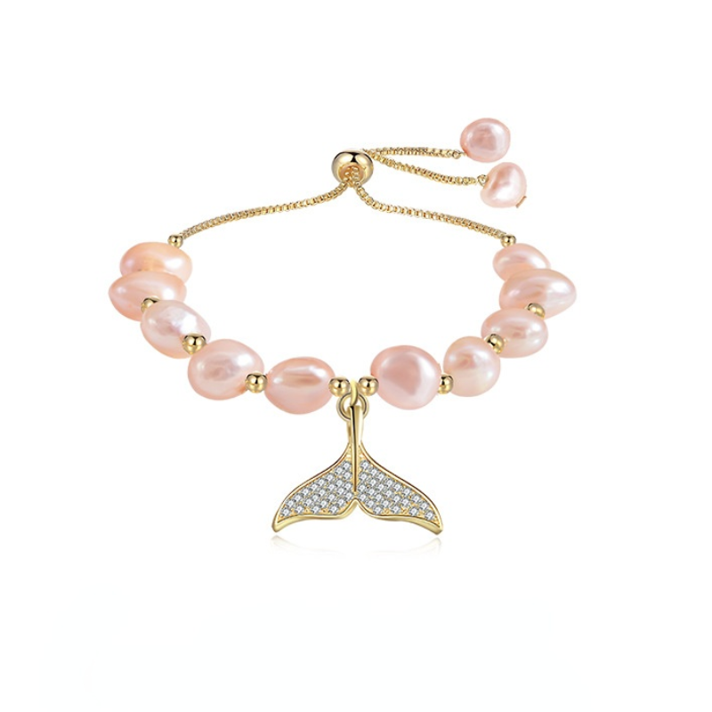7-8mm White Freshwater Cultured Pearl Bracelet in 14K Gold Over Sterling Silver Whale tail Clasp