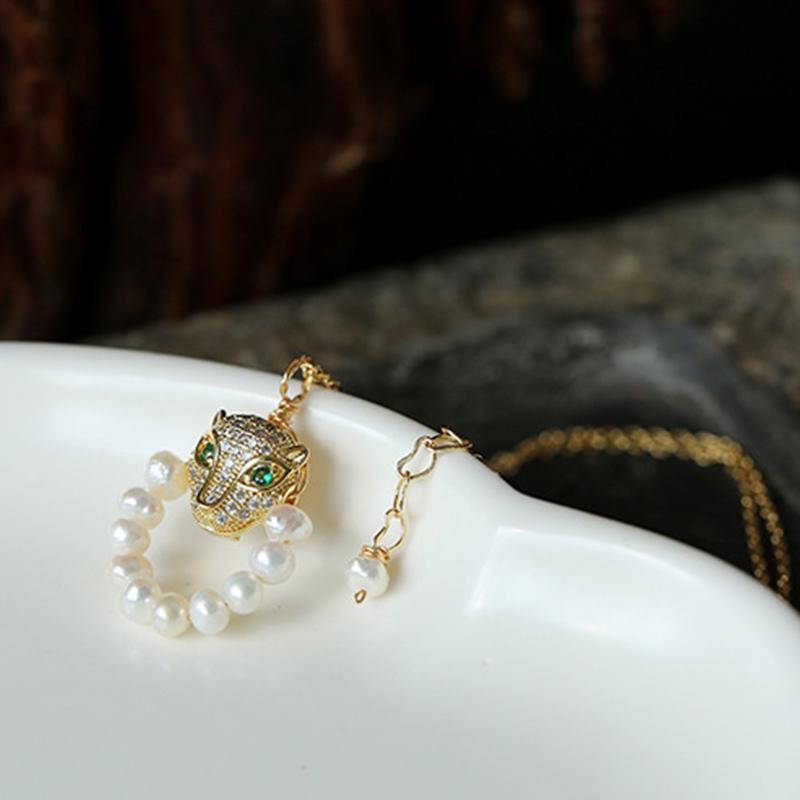 Leopard Series Freshwater Pearl Set Pendant, Bracelet, Ring and Earrings Set 14K Gold Over Sterling Silver