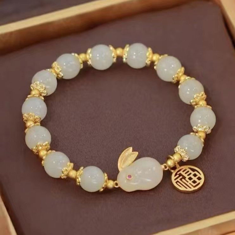 8MM Jade Rabbit Bracelet | Elestic Bracelet with 14K Plated Golden Floral Edges | Lucky Year of the Rabbit Jewelry