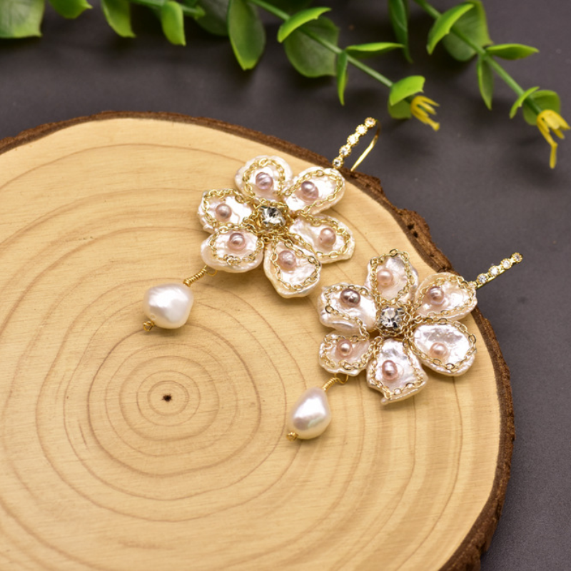Flowers Baroque Pearl Drop Earrings in 14K Gold Over Sterling Silver(9-10mm)