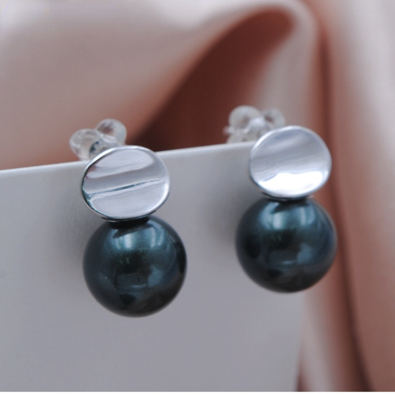 Aretes de perlas redondas geométricas para mujer en pasador plateado de oro de 14 quilates (14 mm)